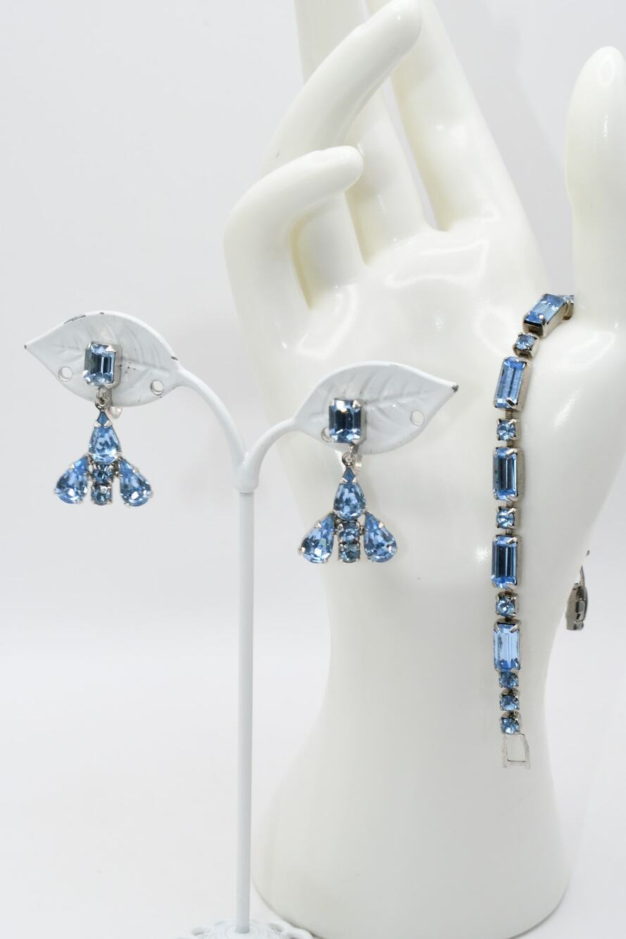 Vintage WEISS Blue Rhinestone Bracelet Earrings Set Signed Silver Tone
